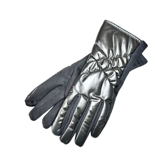 NEW Winter Puffer Gloves Sz.M 7 Gray Metallic Nylon Fleece Touchscreen Friendly - Picture 7 of 10